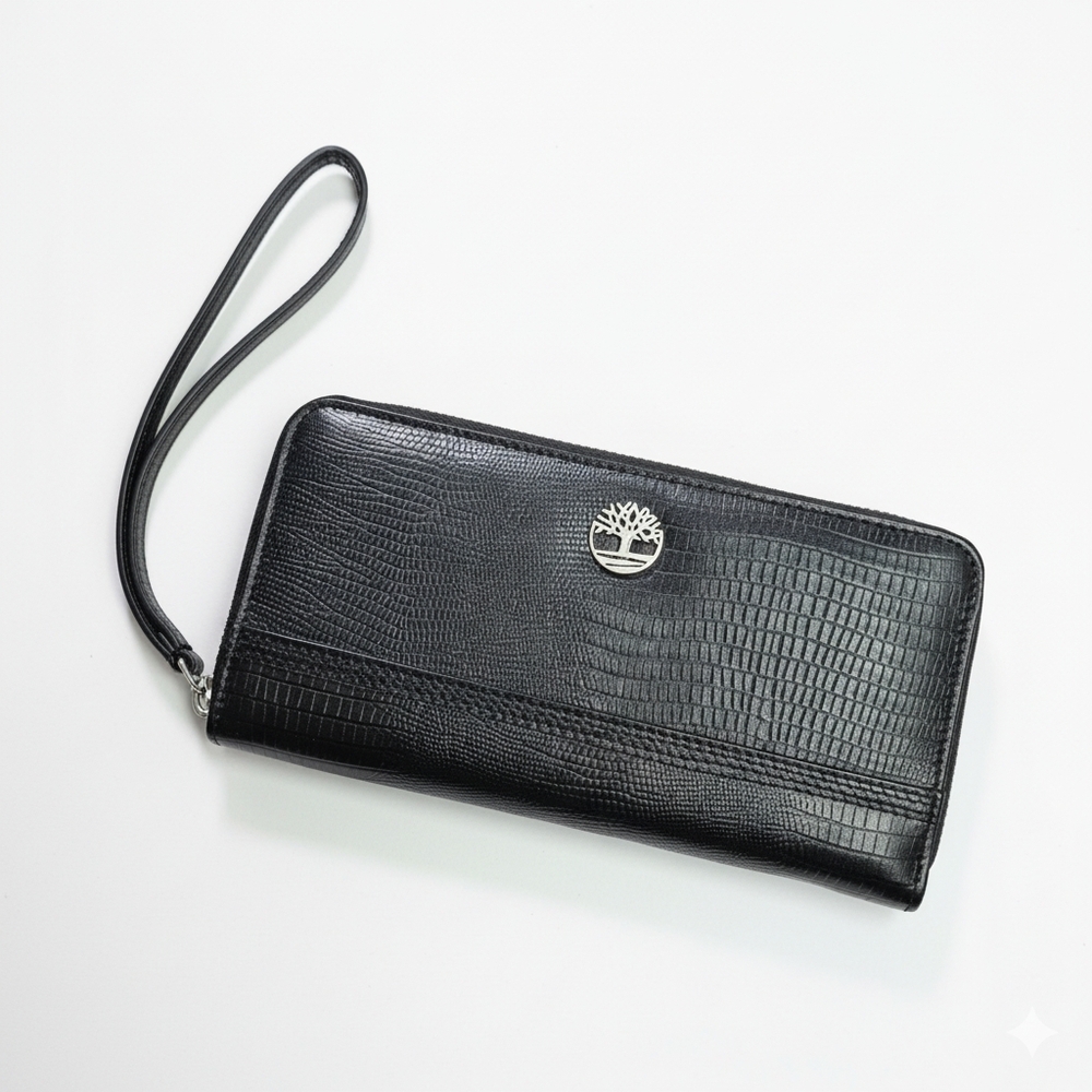 Timberland 8x4" Wallet Continental Black Leather Snake Zip Around Wristlet